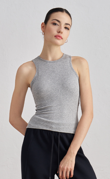 High Neck Ribbed Sport Singlet - Grey Marl