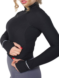 Half Zip Ribbed Top - Black