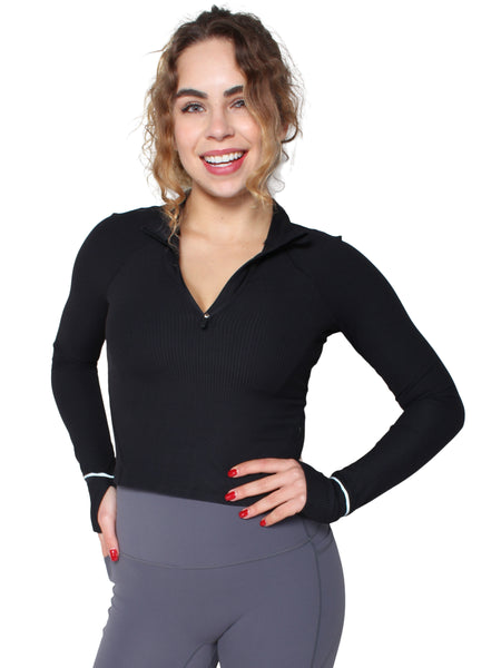 Half Zip Ribbed Top - Black