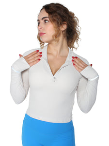 Half Zip Ribbed Top - Pearl