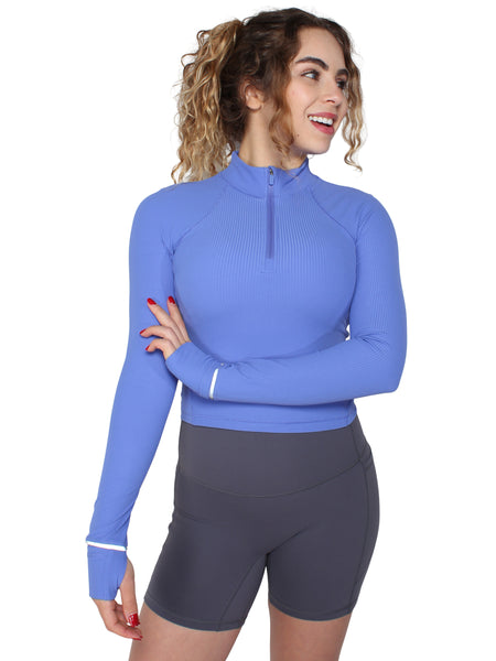 Half Zip Ribbed Top - Electric Blue