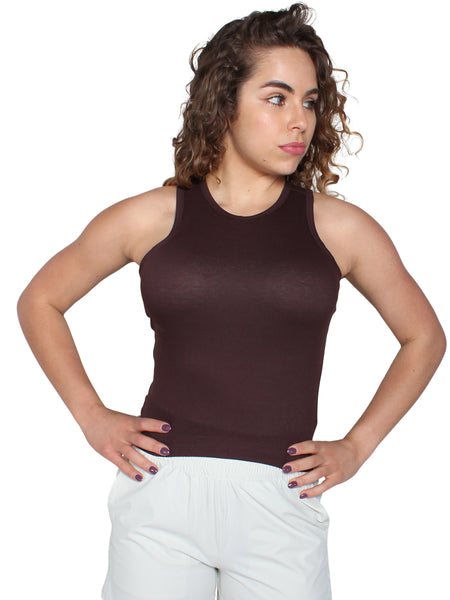 High Neck Ribbed Sport Singlet - Coffee