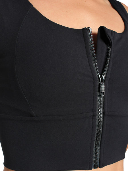 Long line zip front bra - black
