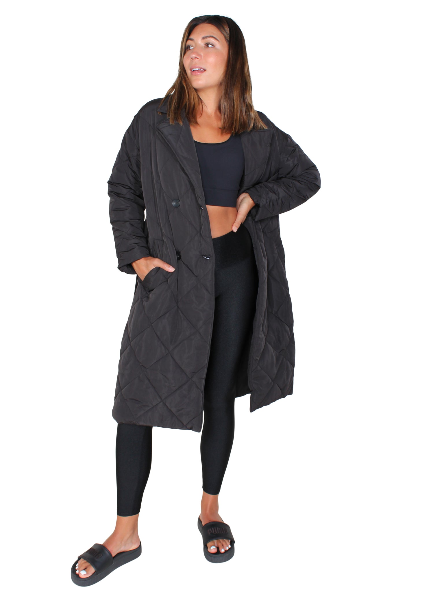 Puffer trench coat with tie - black